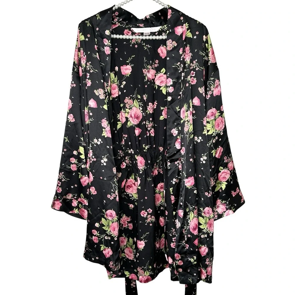 Victorias Secret Floral Silky Robe One Size O/S Y2k Coquette Romantic Mini Black - Picture 3 of 12